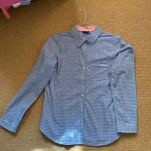 Columbia blue and white check with pink tufts throughout.